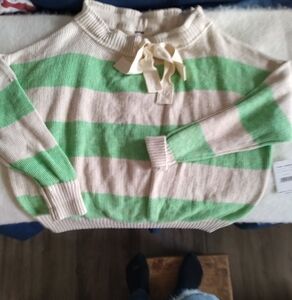Free People Striped Linen Blend Sweater M NEW Oversized Green Ivory Pullover